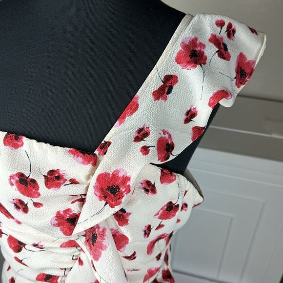 Lucy Paris One Shoulder Midi Dress Cream Red Floral Ruffles Feminine Cocktail L - Picture 9 of 16